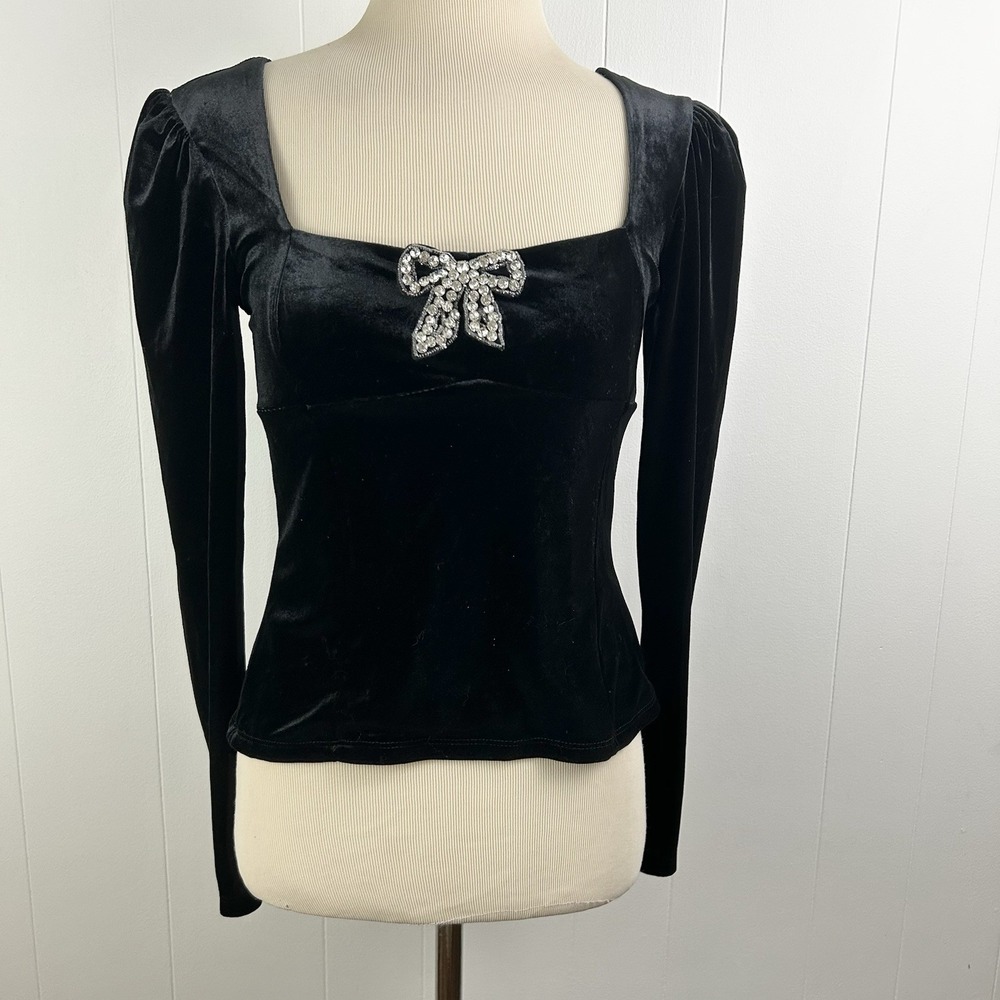 RACHEL ZOE Black Velvet TOP XS Rhinestone Party Bow Crop Dark Fairy Whimsigoth